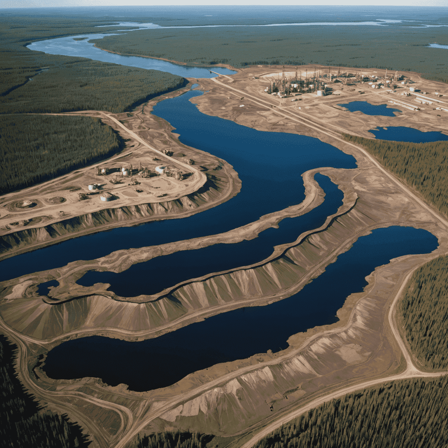 Aerial view of Canadian oil sands with visible environmental impact, showing large-scale excavation and tailings ponds contrasted with surrounding boreal forest.