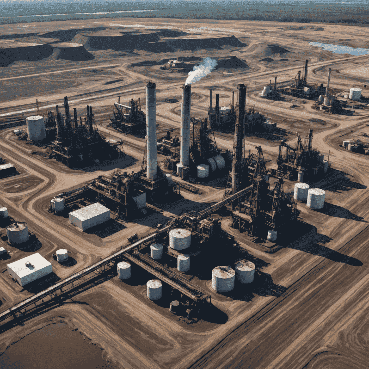 Aerial view of Canadian oil sands extraction site with large industrial equipment and environmental damage visible