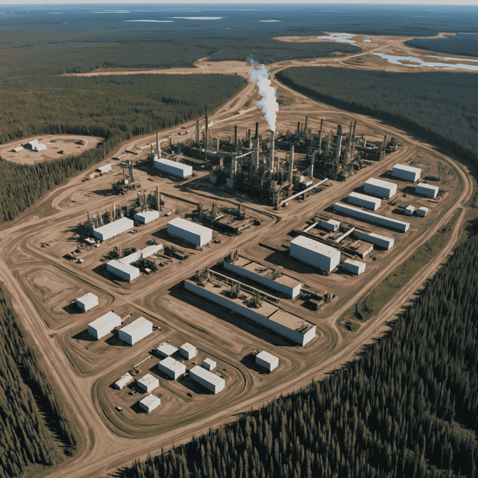 Aerial view of vast Canadian oil sands operations in Alberta, showing large-scale excavation and processing facilities contrasted against the surrounding boreal forest