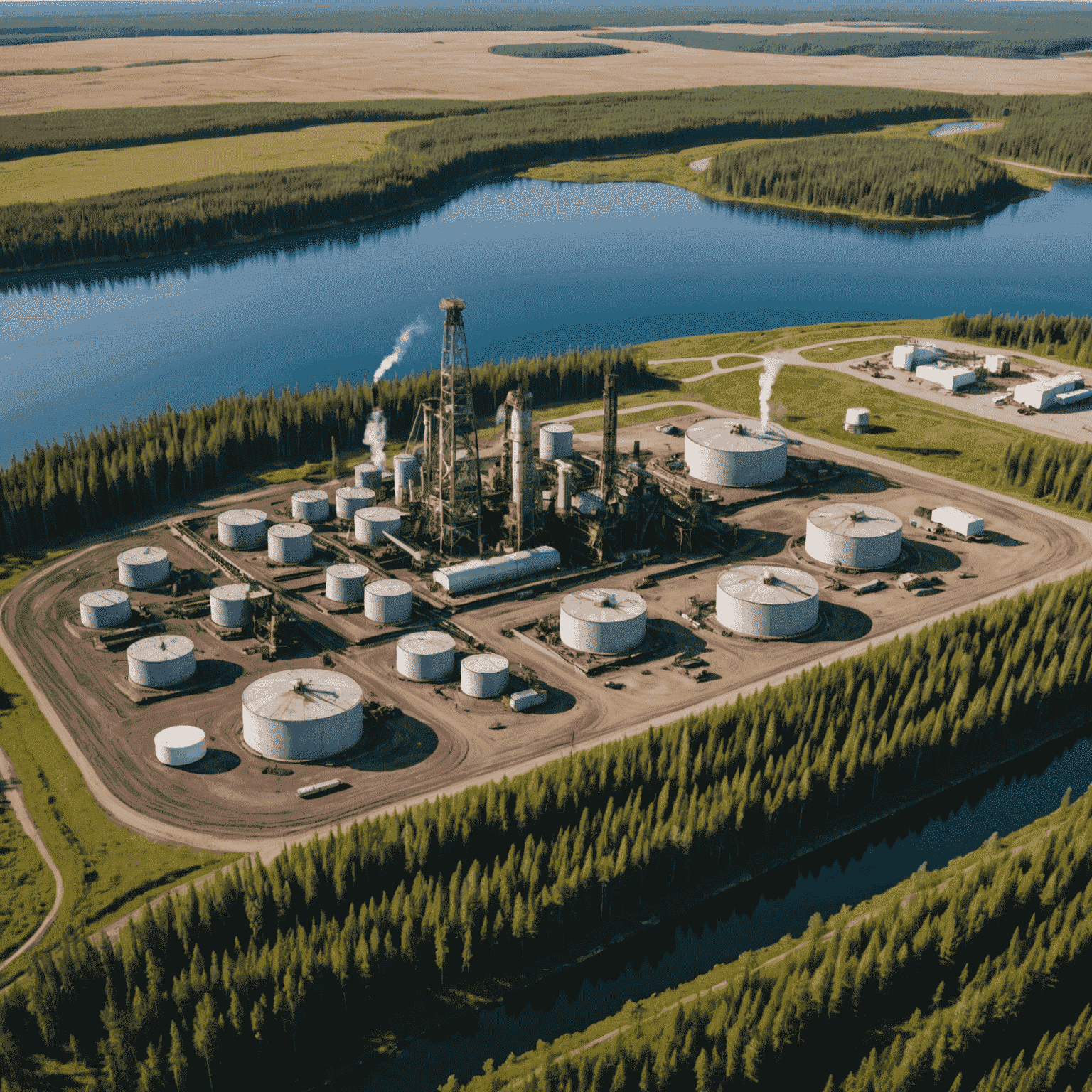 Aerial view of an oil extraction site in Canada, with traditional First Nations territory visible in the background. The contrast between industrial operations and pristine nature is stark.