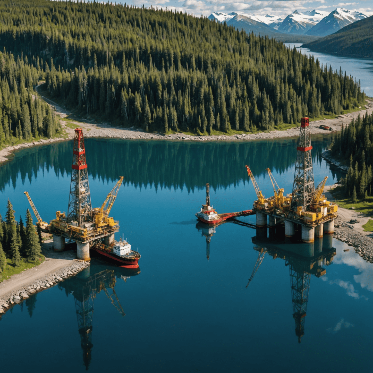 Split image showing oil rig operations on one side and pristine Canadian wilderness on the other, symbolizing the balance between economic benefits and environmental costs in Canada's oil industry