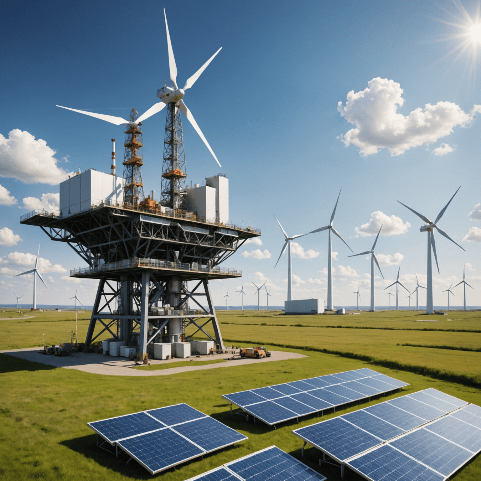 Futuristic oil rig with solar panels and wind turbines in the background, symbolizing the transition of Canadian oil industry towards green energy