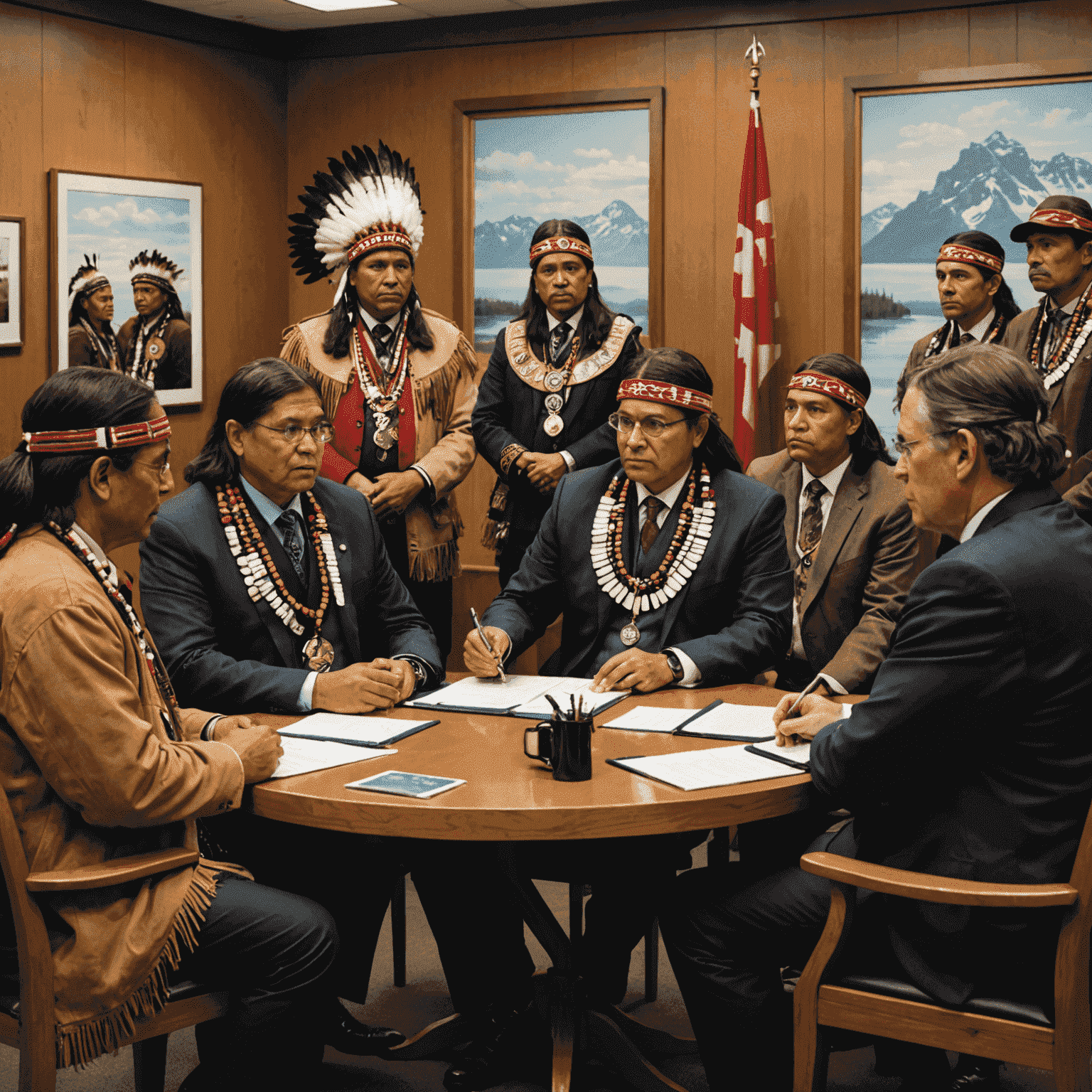 Indigenous leaders meeting with oil company representatives, symbolizing the complex relationship between First Nations and the Canadian oil industry.