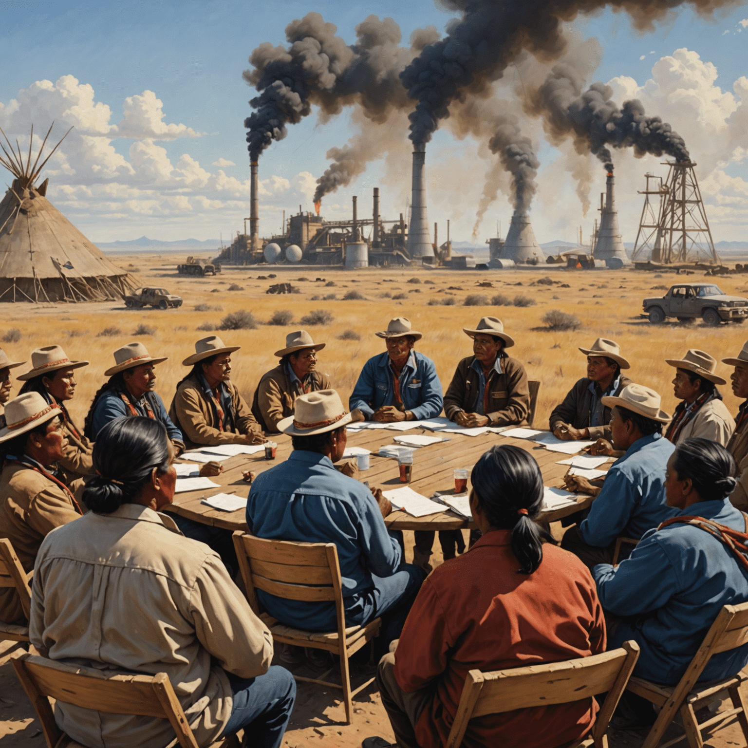 Indigenous leaders meeting with oil company representatives, traditional lands and oil infrastructure in the background