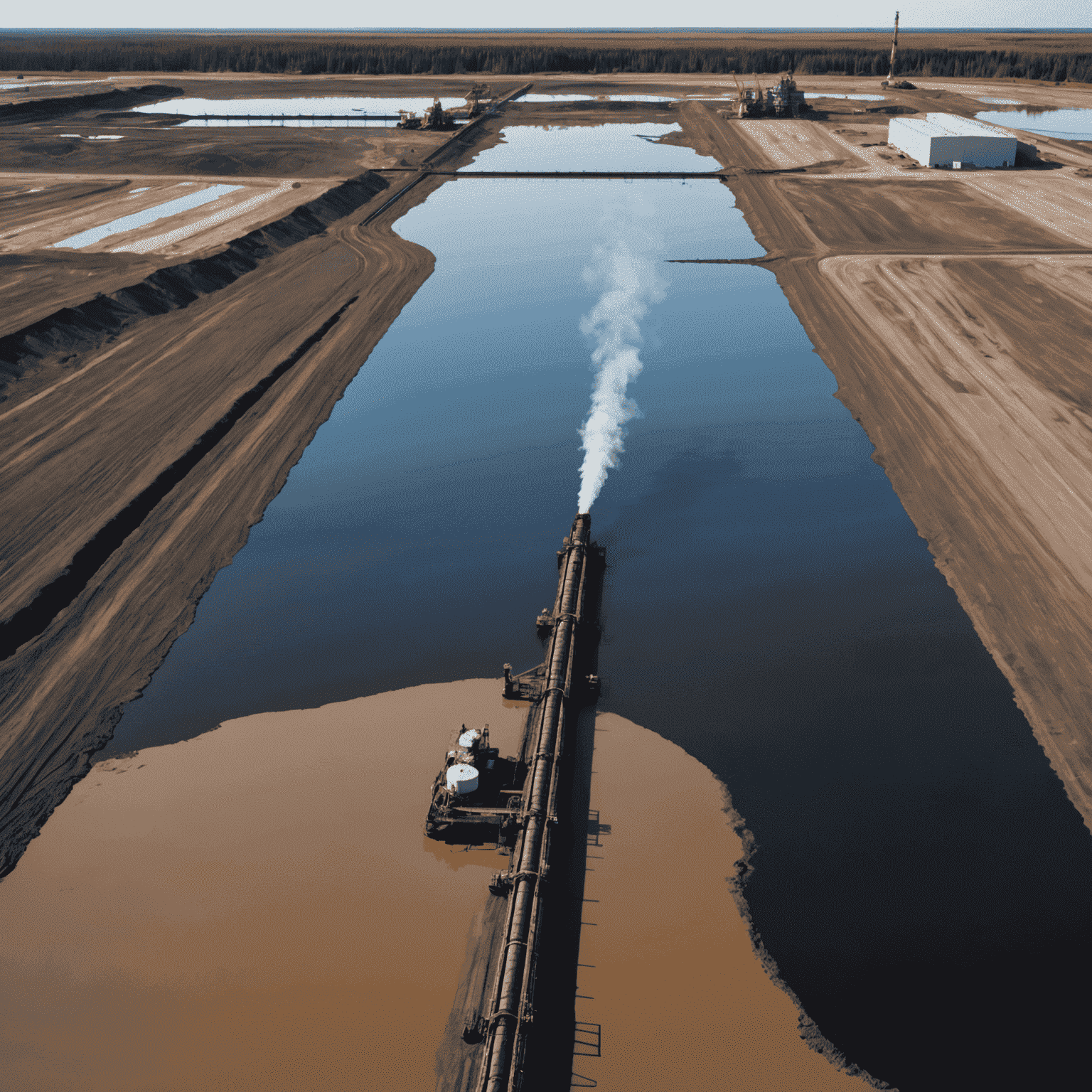 Close-up of an oil sands tailings pond, showing the stark contrast between the contaminated water and the surrounding landscape, with industrial equipment in the background