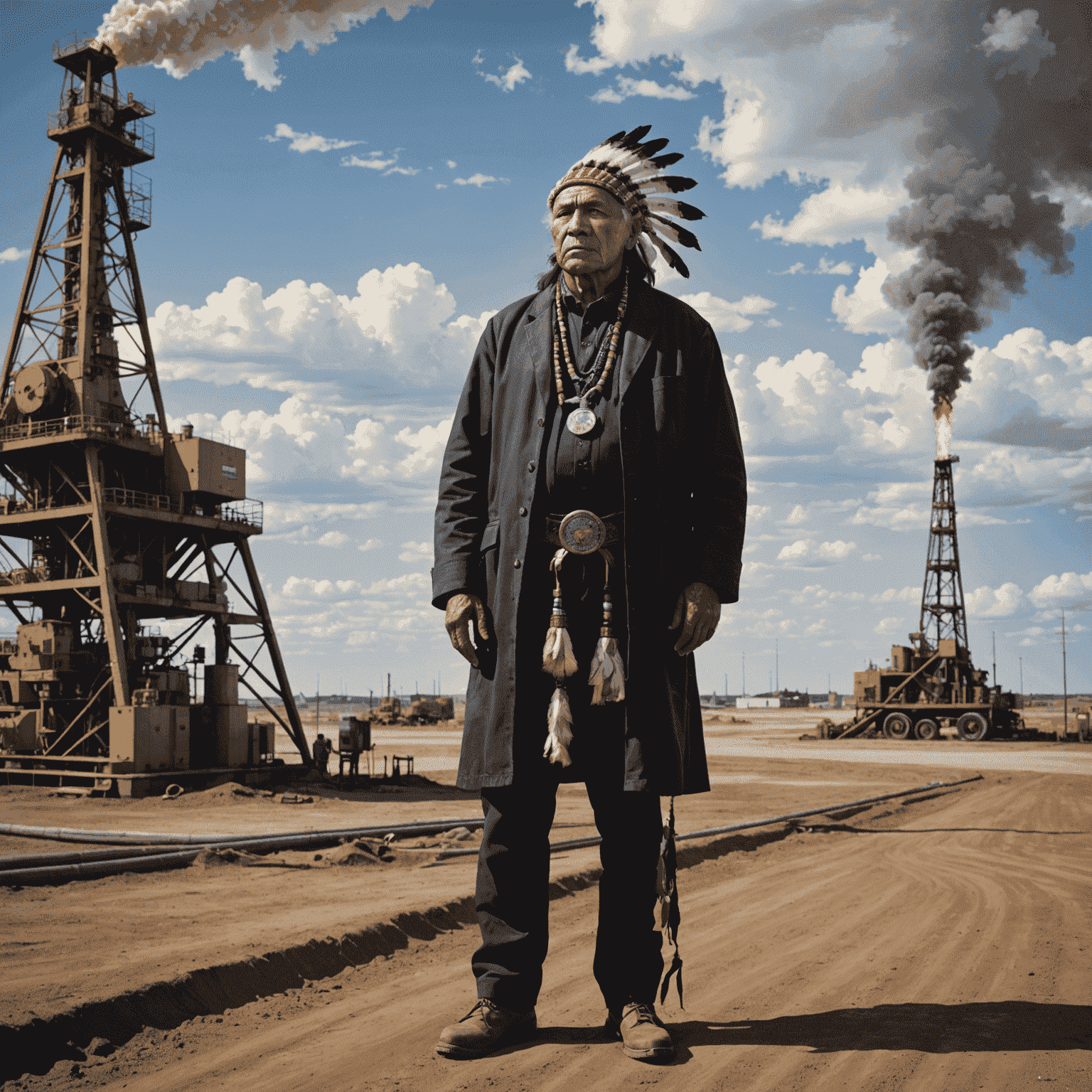 A First Nations elder standing at the edge of an oil field, looking contemplative. The juxtaposition of traditional dress and modern industrial equipment highlights the cultural clash.