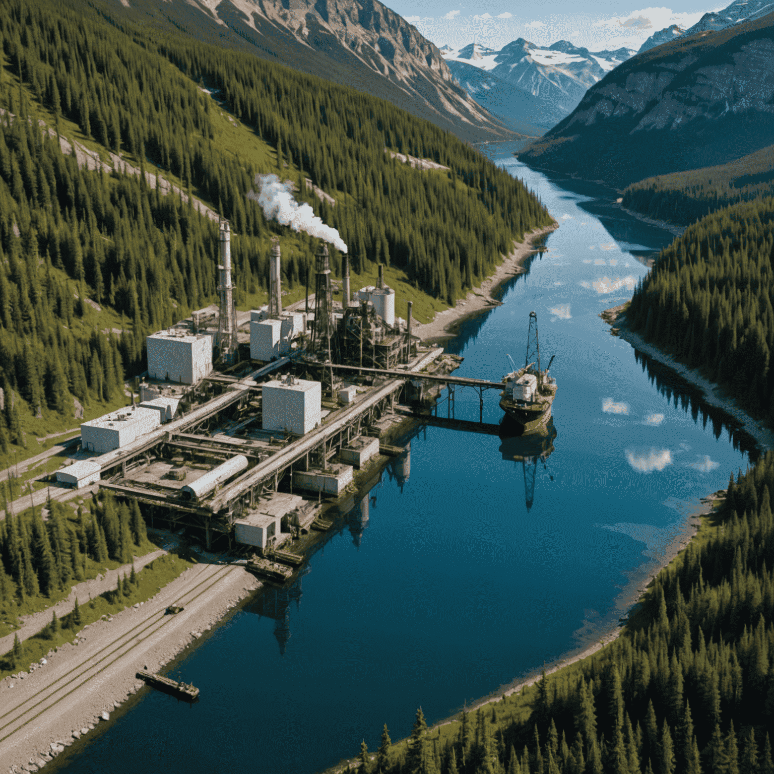 Split image showing oil industry infrastructure on one side and pristine Canadian wilderness on the other, representing the balance between economic growth and environmental preservation.