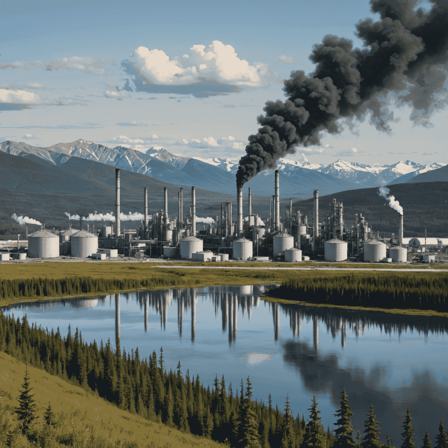 Split image showing oil refinery on one side and pristine Canadian wilderness on the other, symbolizing the balance between economy and environment