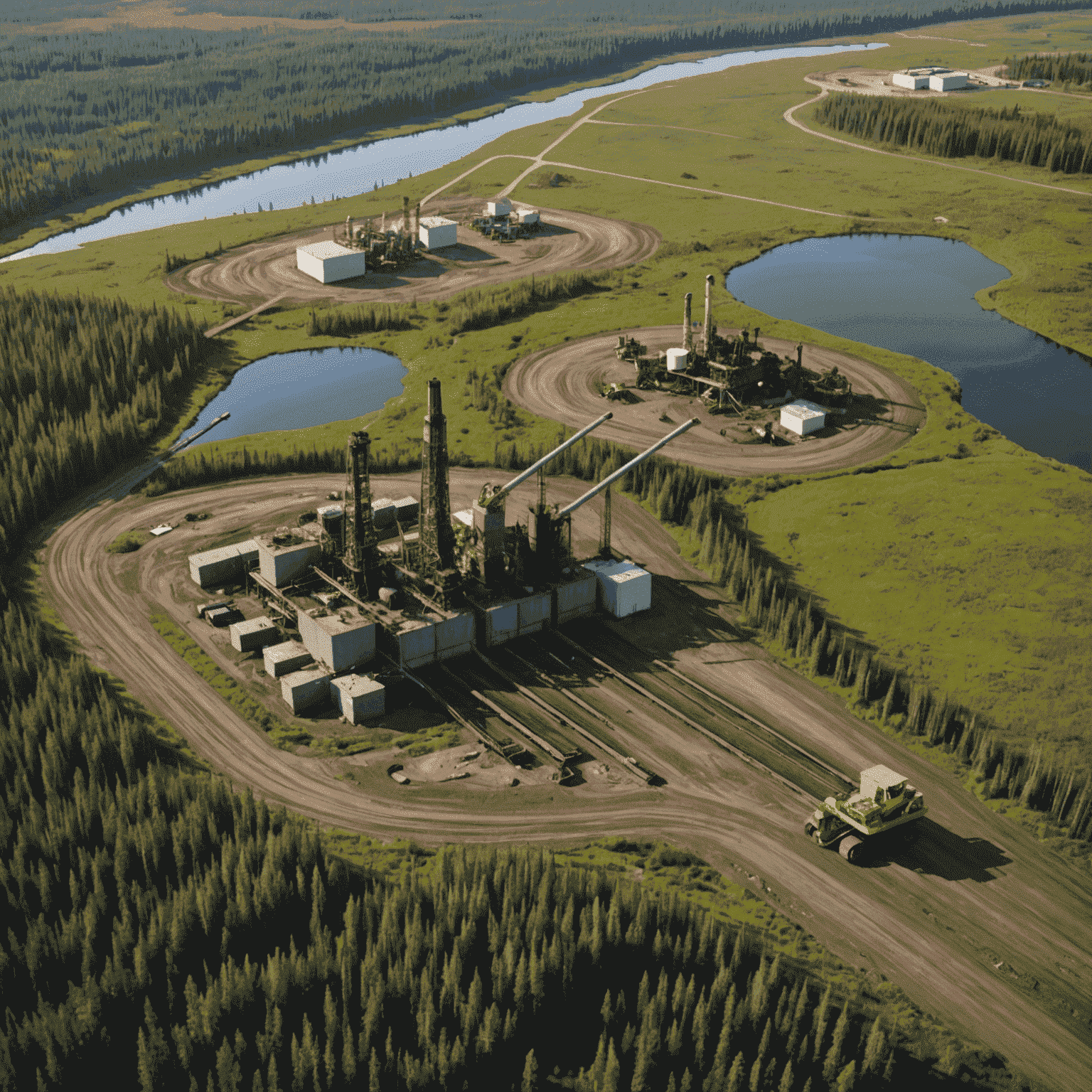 Side-by-side comparison of an active oil sands mining site and a reclaimed area, showcasing the stark difference in landscape and vegetation