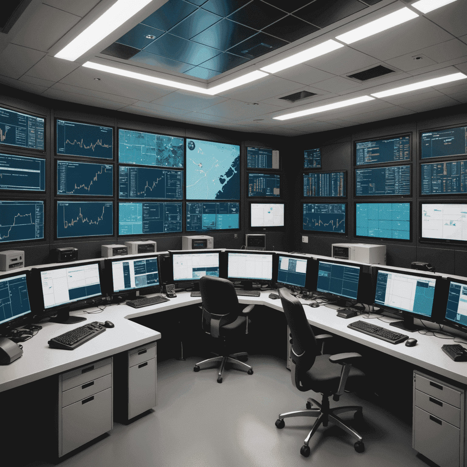 Control room of a modern Canadian oil facility, showing advanced AI-powered monitoring systems and digital twins