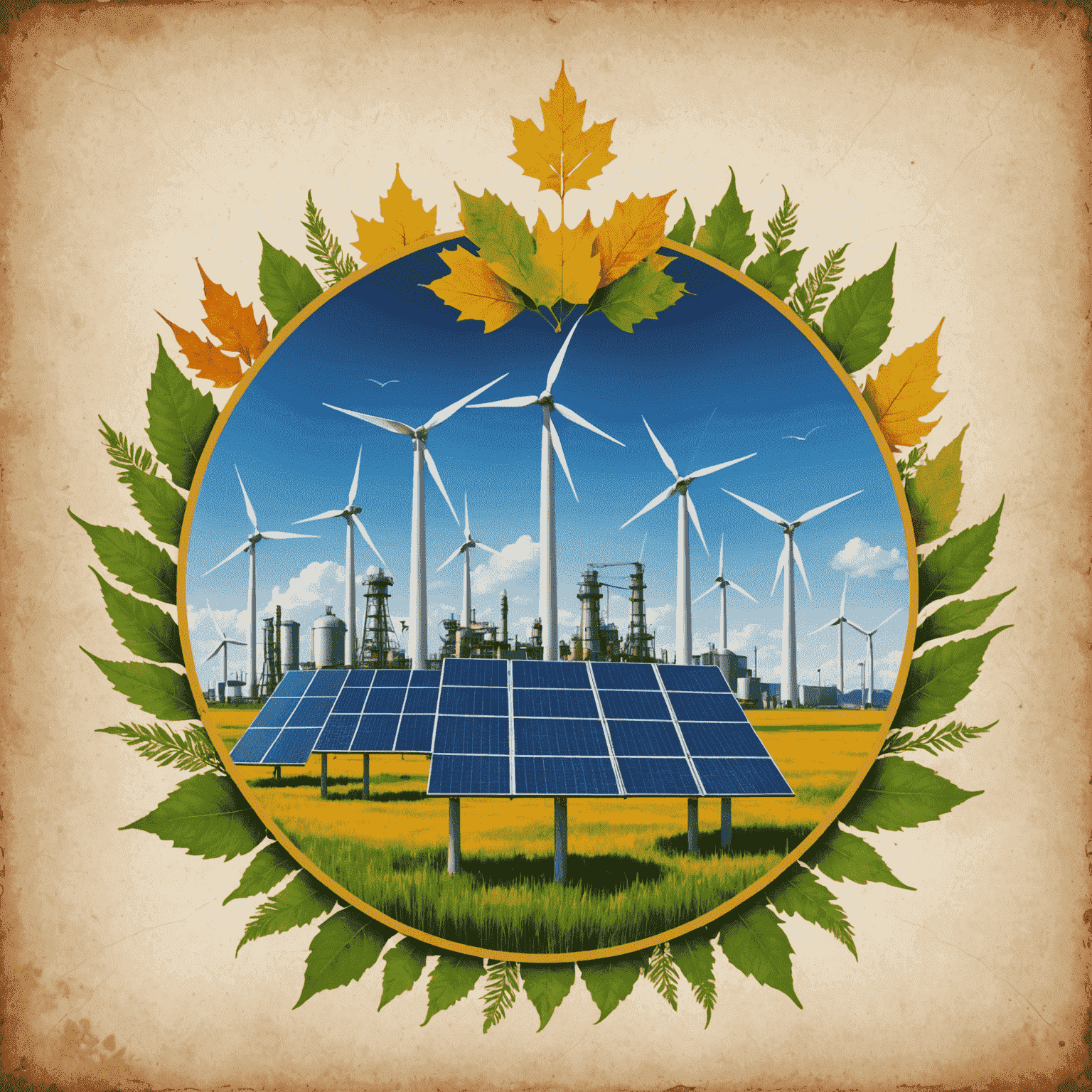 Conceptual image blending oil industry symbols with renewable energy sources, representing the transition in Canada's energy sector